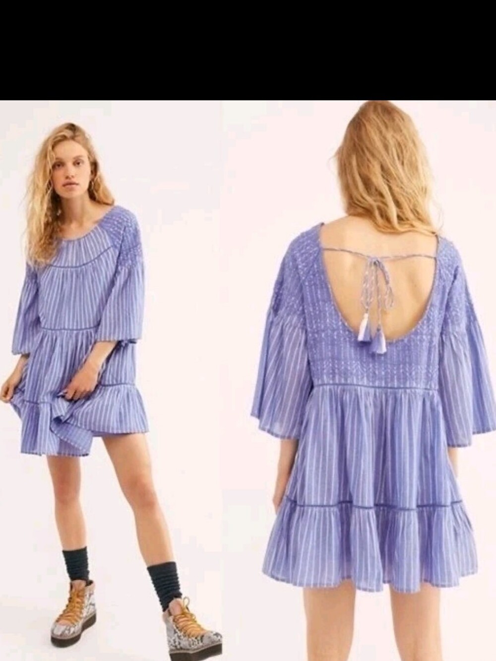 Free People Lola Boho Striped Tiered Dress Chambray Blue Embroidered Lagenlook